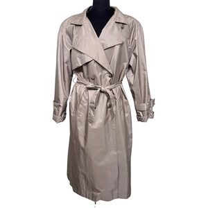 British Mist Women's Metallic Taupe Trench Coat Polka Dot‎ Lining Size L Vintage